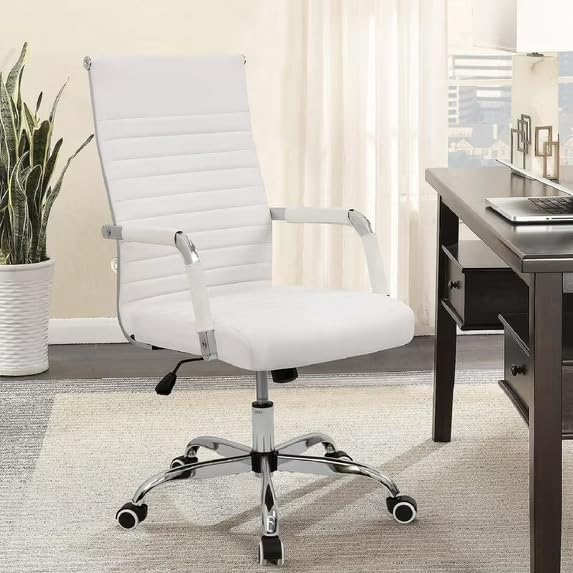 Shahoo Ribbed Office Chair, Mid-Back PU Leather Office Chair Executive Task Chair with 360° Swivel Wheels for Conference Room, Home Offices (White)