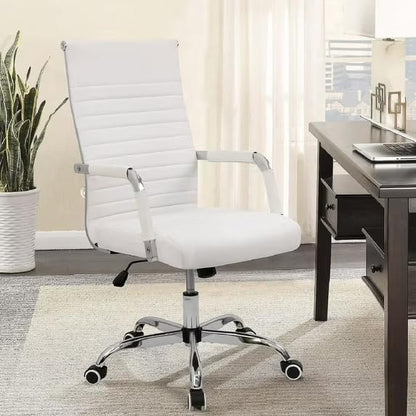 Shahoo Ribbed Office Chair, Mid-Back PU Leather Office Chair Executive Task Chair with 360° Swivel Wheels for Conference Room, Home Offices (White)
