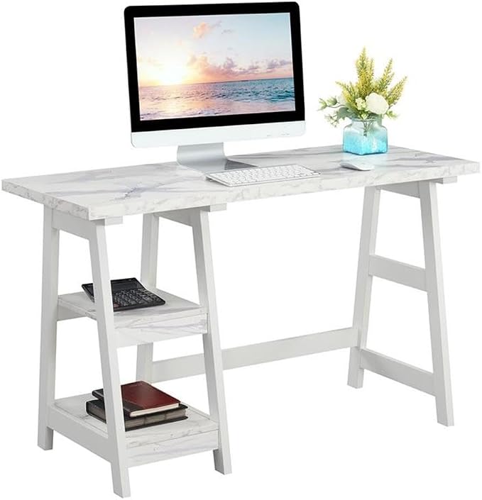 Convenience Concepts Designs2Go Trestle Desk 47" - Modern Desk or Vanity with Shelves, for Office, Dorm, Living Room, White Faux Marble/White