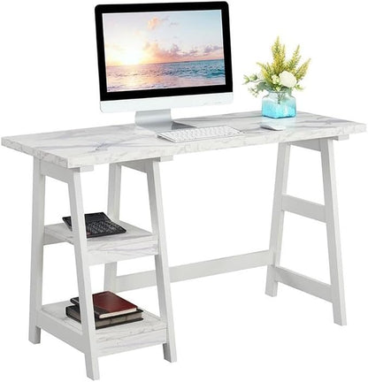 Convenience Concepts Designs2Go Trestle Desk 47" - Modern Desk or Vanity with Shelves, for Office, Dorm, Living Room, White Faux Marble/White