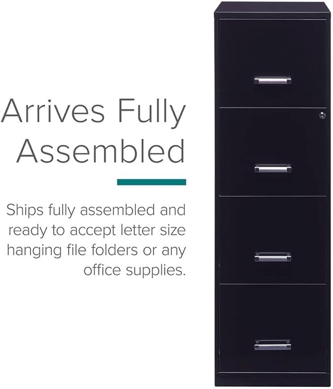 Scranton & Co 18" Deep 4 Drawer Metal Filing Cabinet, Black Finish, Pre-Assembled, Vertical File Cabinet for Letter-Size Documents, Cam Lock Security, Durable Steel Office Storage Solution
