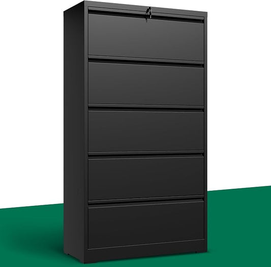 5 Drawer Lateral File Cabinet with Lock, Horizontal Metal File Cabinets for Home Office, Heavy Duty Large Filing Storage Cabinet, Steel Wide File Cabinet for Legal/A4/F4, Require Assembly-Black