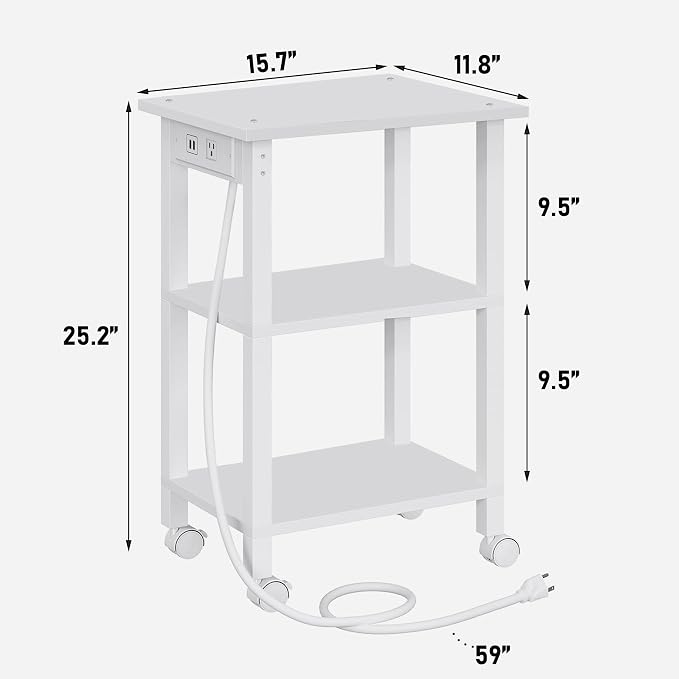 TUTOTAK 3 Tier Printer Stand, Rolling Printer Cart with Power Outlets and USB Ports, Mobile Printer Table with Wheels, for Under Desk, Office, Home, White PS02BW001