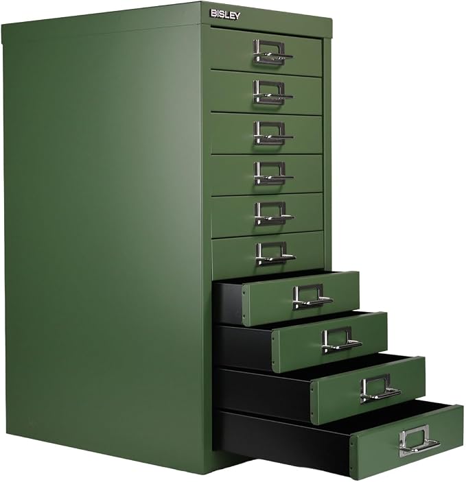 Bisley 10-Drawer Steel MultiDrawer Cabinet - Olive Green | Chrome Pull Handles with Label Holders, Powder-Coated Steel, Removable Drawers, Fits Under Most Desks, Labels Included