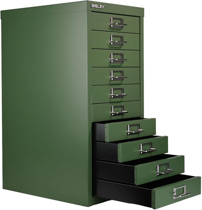 Bisley 10-Drawer Steel MultiDrawer Cabinet - Olive Green | Chrome Pull Handles with Label Holders, Powder-Coated Steel, Removable Drawers, Fits Under Most Desks, Labels Included