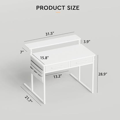 Maihail Small desk with Drawers, 31.5X15.8-22.9 Inches Office Computer Desk with Side Pocket & Ergonomic Adjustable Monitor Stand, Writing Table for Small Spaces, Kids desk, vanity desk Bedroom, White