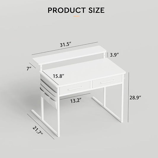Maihail Small desk with Drawers, 31.5X15.8-22.9 Inches Office Computer Desk with Side Pocket & Ergonomic Adjustable Monitor Stand, Writing Table for Small Spaces, Kids desk, vanity desk Bedroom, White
