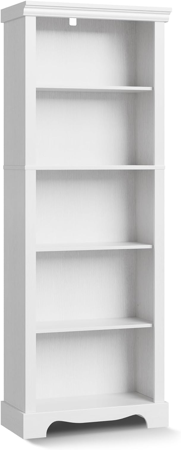 5-Tier Bookshelves and Bookcases, 61.1 inch Tall Bookshelf with Ample Storage Space, Wooden Bookcase, Modern Bookshelf for Study Room, Living Room, Home Office, Bedroom (White)