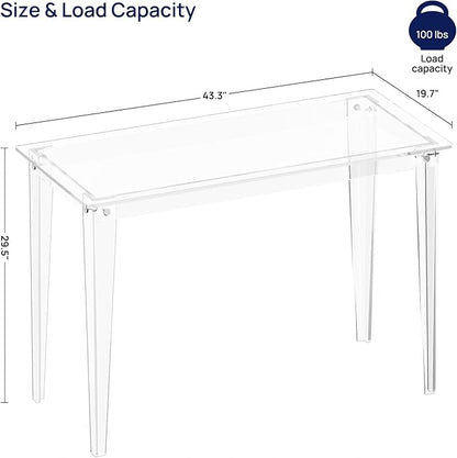 HMYHUM Acrylic Computer Desk, Modern Study Desk for Home, Office, Writing, Vanity, Easy Assembly Right-Angle Legs Design, Clear, 43.3" L x 19.7" W x 29.5" H