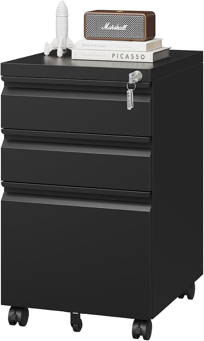 PEUKC 3 Drawer File Cabinet with Lock, Metal Under Desk Rolling Filing Cabinet fits Letter/Legal/A4 Size for Home Office, Mobile Filing Cupboard, Black