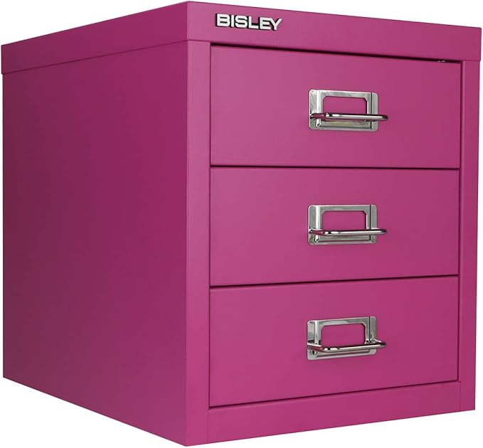 Bisley 3-Drawer Steel MultiDrawer Cabinet - Fuchsia | Chrome Pull Handles with Label Holders, Powder-Coated Steel, Removable Drawers, Desktop Storage, Labels Included