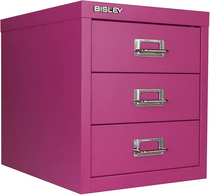 Bisley 3-Drawer Steel MultiDrawer Cabinet - Fuchsia | Chrome Pull Handles with Label Holders, Powder-Coated Steel, Removable Drawers, Desktop Storage, Labels Included