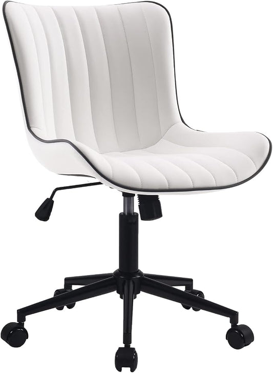 YOUNIKE White Armless Office Chair Faux Leather Small Cute Desk Chair with 12° Rocking Back Adjustable Height Swivel Vanity Chair Ergonomic Compact Home Computer Rolling Task Chair for Small Spaces