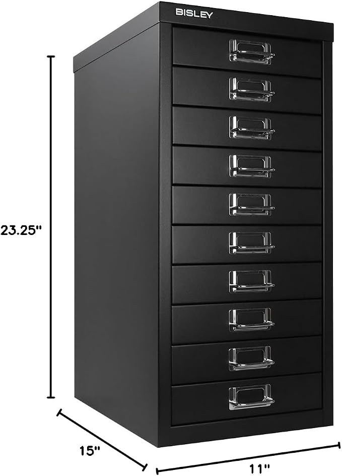 Bisley 10-Drawer Steel MultiDrawer Cabinet - Black | Chrome Pull Handles with Label Holders, Powder-Coated Steel, Removable Drawers, Fits Under Most Desks, Labels Included