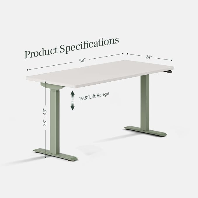 Branch Duo Standing Desk 58 Inches - Adjustable Standing Desk with 20” Range - OLED Control Panel - Frameless Design & Compact Size Suitable for Many Spaces - White Top - Sage Base