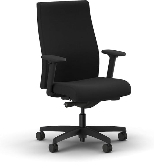 HON Ignition 2.0 Ergonomic Office Chair with Adjustable Arms, Advanced Synchro‑Tilt Recline, Upholstered Desk and Computer Chair for Home Office or Workstation, Black Frame, Black