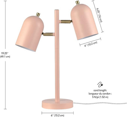 Globe Electric 30290 19" 2-Light Desk Lamp, Matte Pink, Brass Accents, 2.1A USB Port, On/Off Rotary Switch on Each Shade, Reading Light, Dorm Room Essentials, Lamps for Living-Room, Office Décor