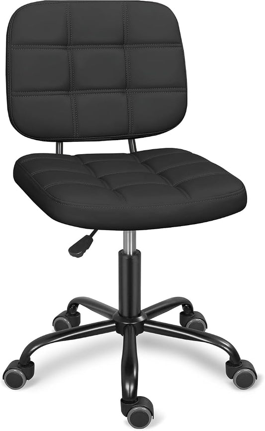 ERGOSEAT Armless Office Chair with Wheels, Small Desk Drafting Chair for Small Space, PU Leather Computer Task Chair, Height Adjustable Rolling Chair, Compact Chair for Home Office, Dorm, Vanity,Black