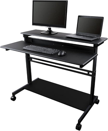 Stand Up Desk Store Rolling Adjustable Height Two Tier Standing Desk Computer Workstation (Black Frame/Black Top, 48" Wide)
