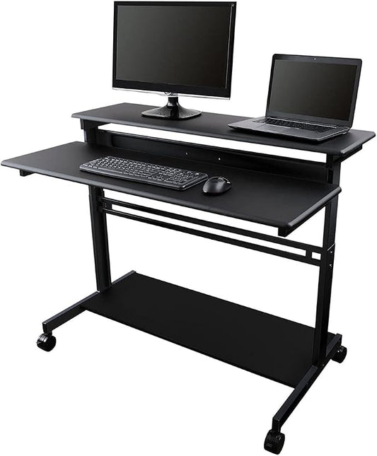 Stand Up Desk Store Rolling Adjustable Height Two Tier Standing Desk Computer Workstation (Black Frame/Black Top, 48" Wide)