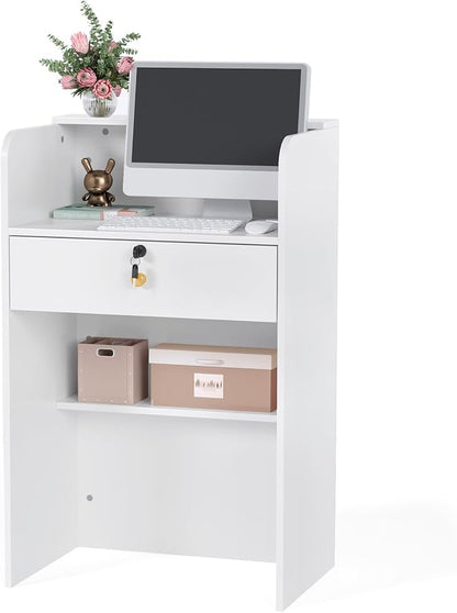 OmySalon Reception Desk with Counter, Small Front Desk w/Lockable Drawer, Wooden Modern Reception Table for Salon Lobby Office Home (White, 24)