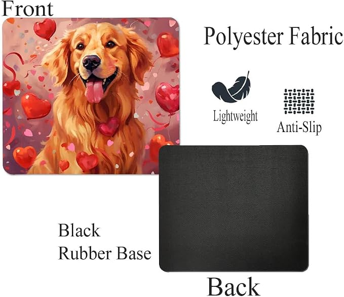 Golden Retriever Mouse Pad Dog with Red Hearts Pattern Non-Slip Rubber Mouse Pad Puppy in Love Mouse Pad for Home Office Work Desk Computer Desktop Laptop for Dog Lovers