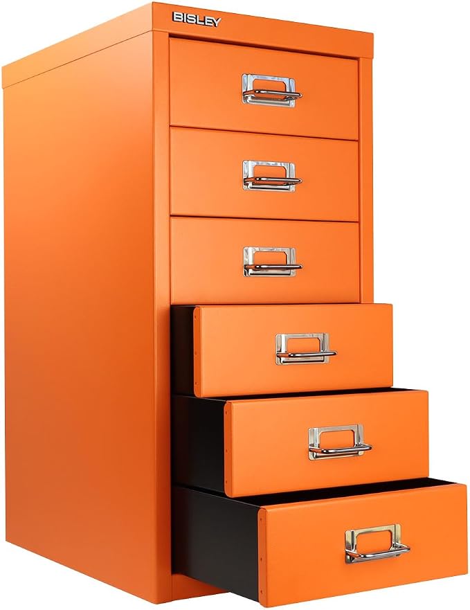 6-Drawer Steel MultiDrawer Cabinet - Orange, by Bisley | Chrome Pull Handles with Label Holders, Powder-Coated Steel, Removable Drawers, Fits Under Most Desks, Labels Included