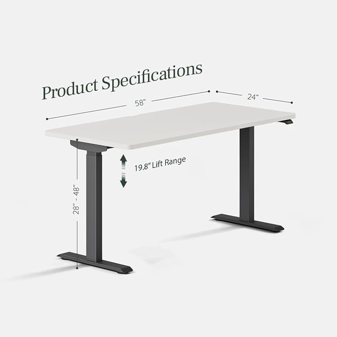 Branch Duo Standing Desk 58 Inches - Adjustable Standing Desk with 20” Range - OLED Control Panel - Frameless Design & Compact Size Suitable for Many Spaces - White Top - Charcoal Base