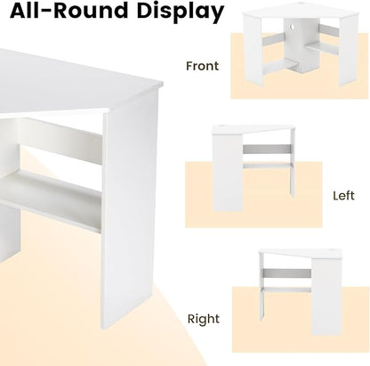 GOFLAME Corner Desk with Storage Shelves, Triangular Computer Desk with Cable Management Holes, Laptop Workstation for Small Space, Makeup Vanity Desk for Living Room, Study, White