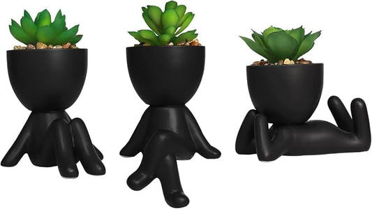 Zerzsy 3 PCS Cute Artificial Succulent Plants with Creative Ceramics Human Shaped Pots, Mini Potted Plants Black Bathroom Fakeplants, Faux Succulent Desk Decor for Home Office Shelf Decor