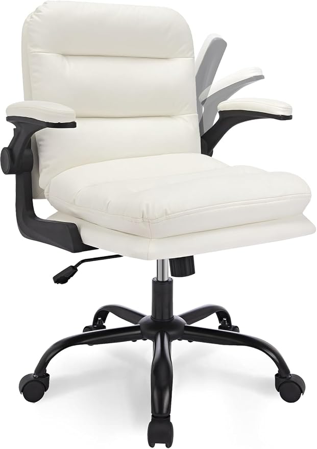 VECELO Ergonomic Swivel Office Desk Chair with Flip-up Armrest and Adjustable Height, Lumbar Support & PU Leather Thickened Cushion, for Computer Task Work, White