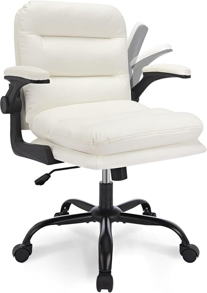 VECELO Ergonomic Swivel Office Desk Chair with Flip-up Armrest and Adjustable Height, Lumbar Support & PU Leather Thickened Cushion, for Computer Task Work, White