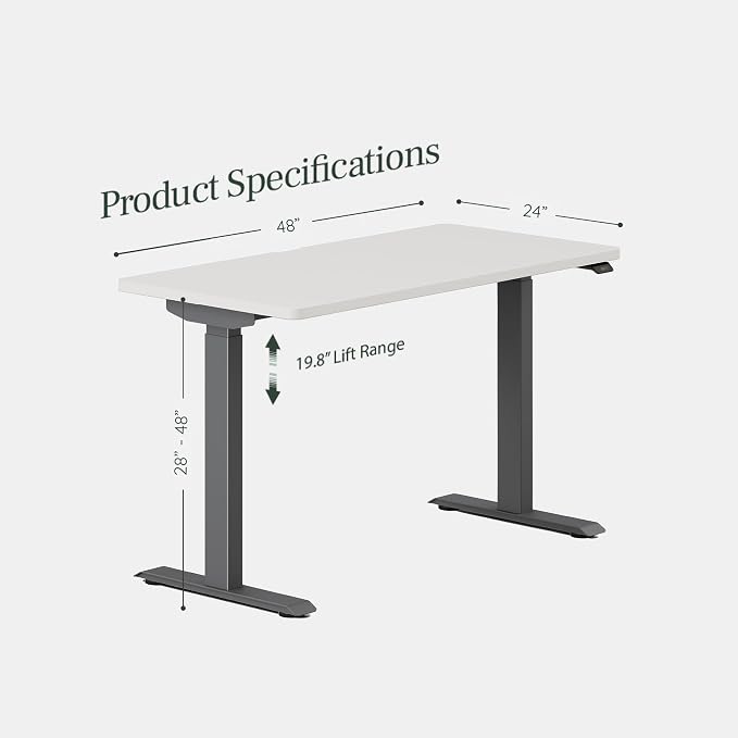 Branch Duo Standing Desk 48 Inches - Adjustable Standing Desk with 20” Range - OLED Control Panel - Frameless Design & Compact Size Suitable for Many Spaces - Charcoal Base - White Top