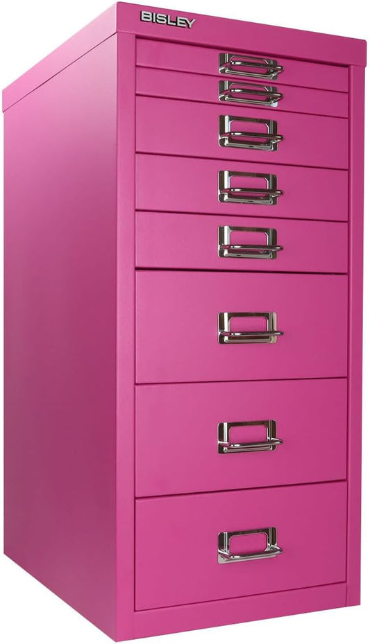 Bisley 8-Drawer Steel MultiDrawer Cabinet - Fuchsia | Chrome Pull Handles with Label Holders, Powder-Coated Steel, Removable Drawers, Fits Under Most Desks, Labels Included