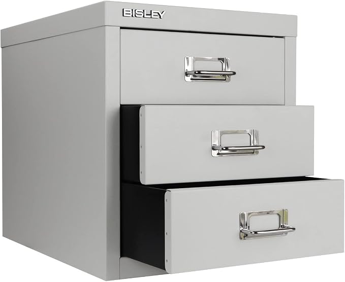 Bisley 3-Drawer Steel MultiDrawer Cabinet - Light Grey | Chrome Pull Handles with Label Holders, Powder-Coated Steel, Removable Drawers, Desktop Storage, Labels Included
