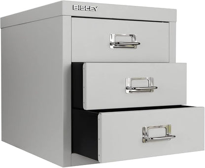 Bisley 3-Drawer Steel MultiDrawer Cabinet - Light Grey | Chrome Pull Handles with Label Holders, Powder-Coated Steel, Removable Drawers, Desktop Storage, Labels Included