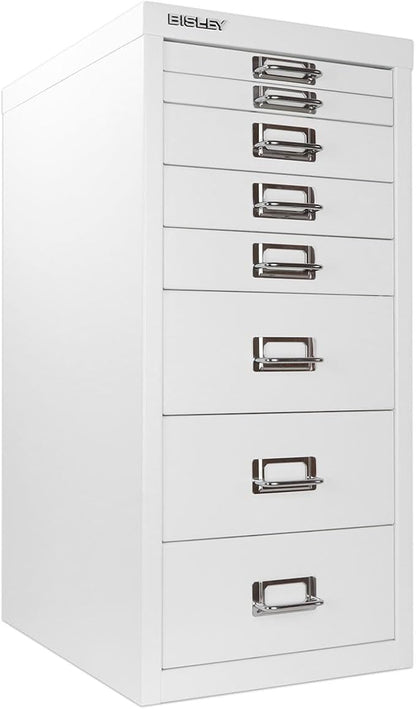 Bisley 8-Drawer Steel MultiDrawer Cabinet - Traffic White | Chrome Pull Handles with Label Holders, Powder-Coated Steel, Removable Drawers, Fits Under Most Desks, Labels Included