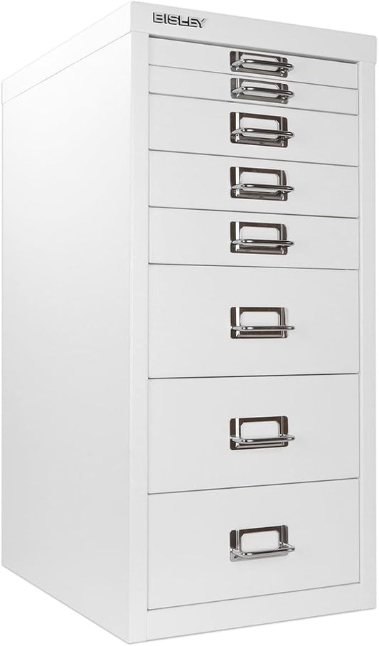 Bisley 8-Drawer Steel MultiDrawer Cabinet - Traffic White | Chrome Pull Handles with Label Holders, Powder-Coated Steel, Removable Drawers, Fits Under Most Desks, Labels Included