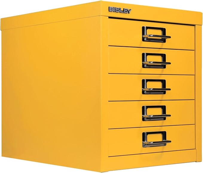 Bisley 5-Drawer Steel MultiDrawer Cabinet - Golden Sunflower Yellow | Chrome Pull Handles with Label Holders, Powder-Coated Steel, Removable Drawers, Desktop Storage, Labels Included