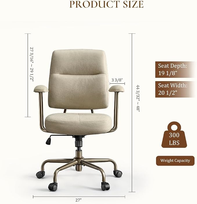 EUREKA ERGONOMIC Becky Home Office Desk Chairs Leather, Comfy Office Chair with Lumbar Support and Arms, Mid-Back, Comfortable Thick Cushion, Mid-Century Modern, Height Adjustable, Off-White