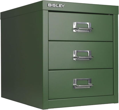 Bisley 3-Drawer Steel MultiDrawer Cabinet - Olive Green | Chrome Pull Handles with Label Holders, Powder-Coated Steel, Removable Drawers, Desktop Storage, Labels Included