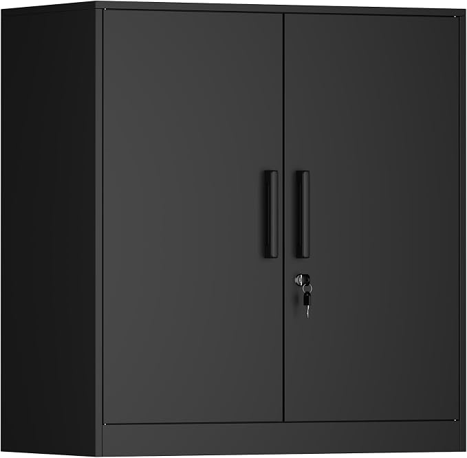 IRONFFICE Metal Wall Cabinet,Garage Cabinet with Handle,Lockable Storage Cabinets Wall Mounted with 2 Doors,Locking Cabinet with Shelves for Basement,Office,Living Home,Black