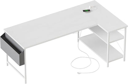 Mericonia Small L Shaped Computer Desk with Power Outlets, Reversible Gaming Desk with Storage Shelves, Corner Gamer Desk Table, Study Writing Table