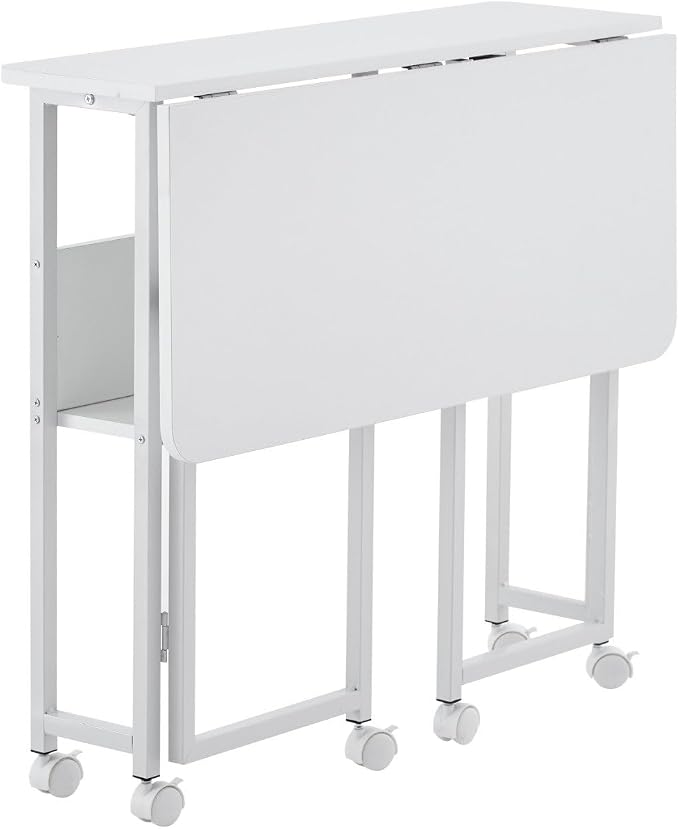 Folding Computer Desk with Wheels, 31.5" Space Saving Writing Table for Small Spaces, Portable Home Office Workstation, Foldable Laptop Desk with Storage Shelf
