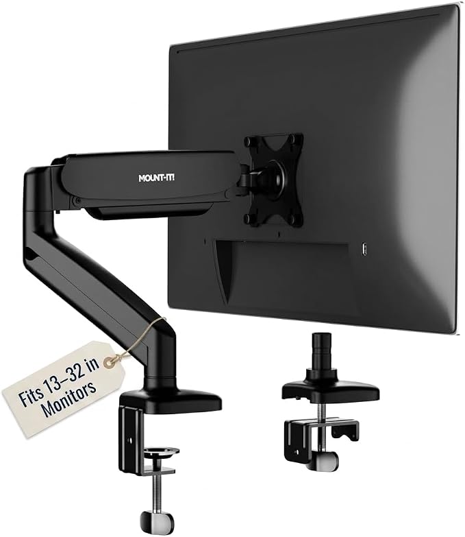 Mount-It! Single Monitor Arm Desk Mount, Gas Spring Monitor Mount, Fits 13–32" Screens up to 17.6 lbs, VESA 75x75 & 100x100, Full Motion Tilt Swivel Rotate, C-Clamp & Grommet Base