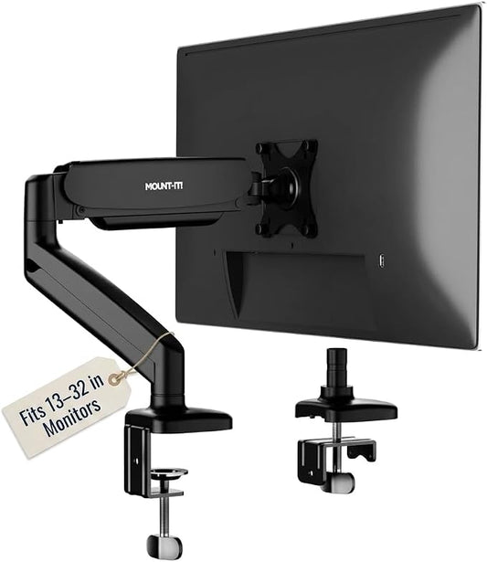 Mount-It! Single Monitor Arm Desk Mount, Gas Spring Monitor Mount, Fits 13–32" Screens up to 17.6 lbs, VESA 75x75 & 100x100, Full Motion Tilt Swivel Rotate, C-Clamp & Grommet Base