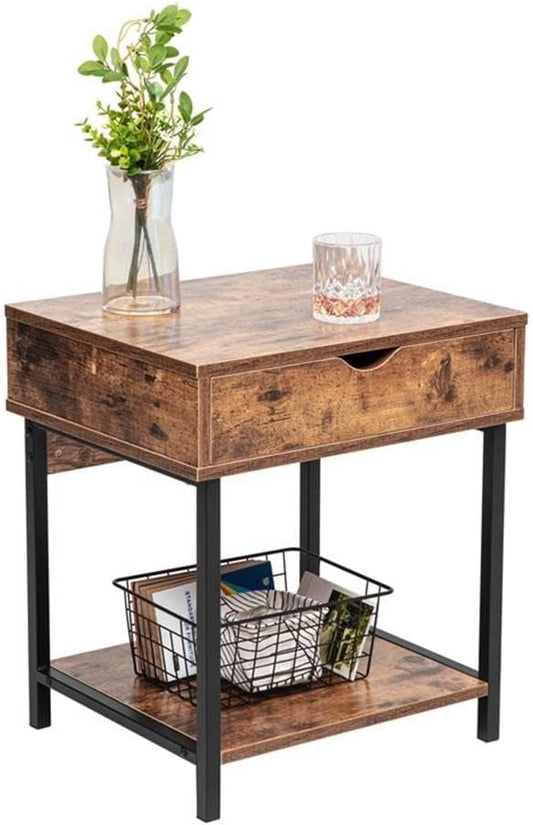 JJS Side End Table, Nightstand, Bedside Table with Drawer and Storage Shelves, Sofa Table for Living Room, Bedroom, Accent Furniture, Easy Assembly, Rustic Brown