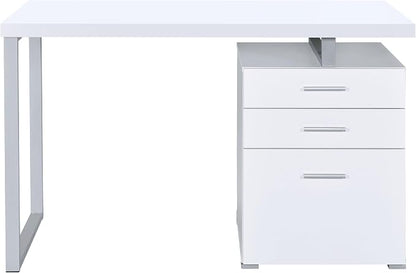 Coaster Home Furnishings Brennan Modern Contemporary Home Office 3-Drawer Writing Desk with Drawers Computer Desk Study Table File Cabinet Storage Silver Metal Frame White 800325