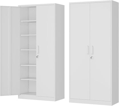 Fesbos Metal Storage Cabinet-72” Tall Steel File Cabinets with Lockable Doors and 5 Adjustable Shelves-White Steel Storage Cabinet for Home, School, Office, Garage