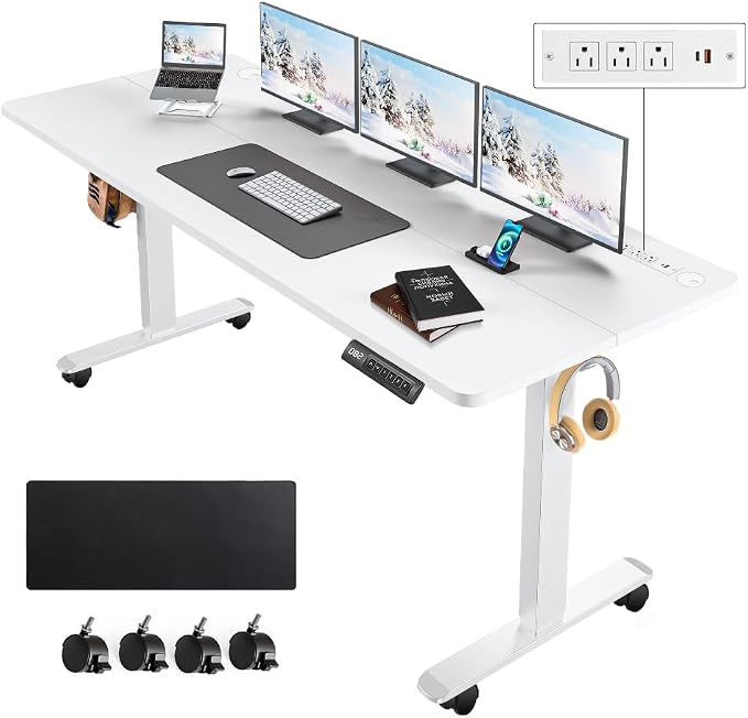 Electric Standing Desk with Power Outlets and USB-C Port, 63 x 24 Inches Adjustable Height Sit Stand Up Desk for Home Office, Adjustable Desk with Memory Preset and Wheels, White